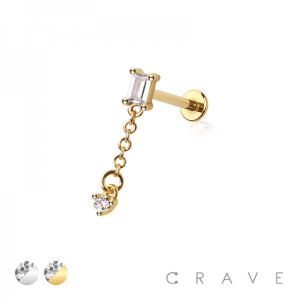 CZ BAGUETTE ROUND CZ DANGLE CHAIN TOP 316L SURGICAL STEEL THREADLESS (PUSH IN ) LABRET SET